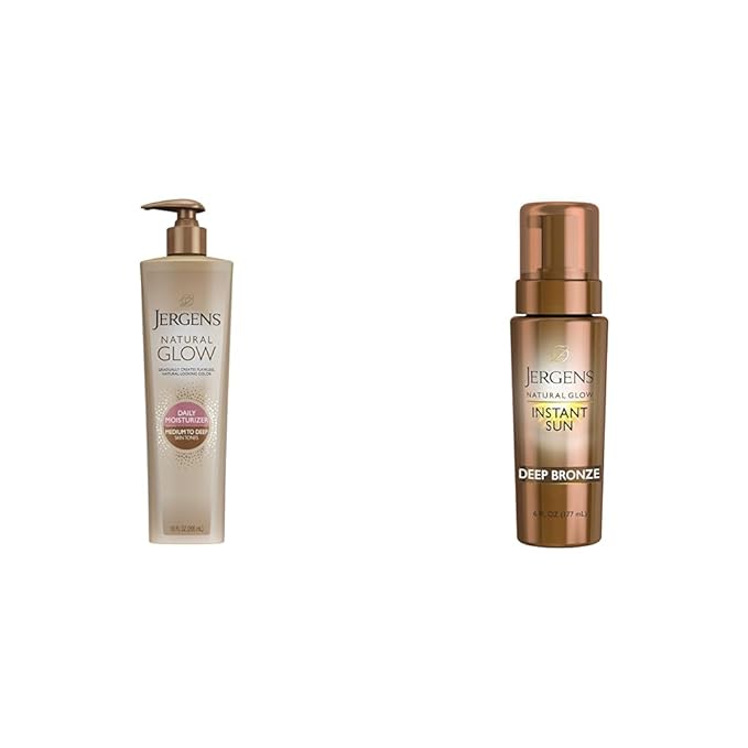 Jergens Natural Glow 3-Day Self Tanner for Medium to Deep Skin Tone, Sunless Tanning Moisturizer & Natural Glow Instant Sun Body Mousse, Self Tanner for Deep Bronze Tan