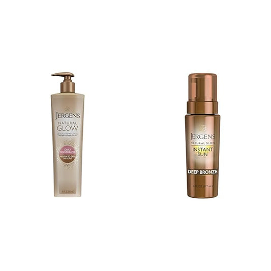 Jergens Natural Glow 3-Day Self Tanner for Medium to Deep Skin Tone, Sunless Tanning Moisturizer & Natural Glow Instant Sun Body Mousse, Self Tanner for Deep Bronze Tan