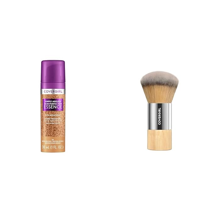 Covergirl Simply Ageless Skin Perfector Essence Foundation, 50 Medium-Tan, Tinted Skin Perfector, Skincare Makeup Hybrid with Blending Foundation Brush