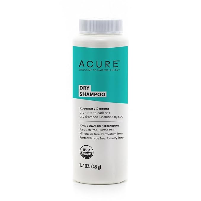 Acure Dry Shampoo - Brunette to Dark Hair, Powder Care to Refresh Treated Color Tinted Hair & Extend Cleansing with Cocoa & Rosemary Formula - 100% Vegan - 1.7 Oz Travel Pack Size