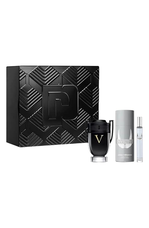 Paco Rabanne INVICTUS VICTORY 3-Piece Tin Box Set for Men, (3.4 Oz Eau De Parfum Extreme Natural Spray + 5.1 Oz Deodorant Spray + 0.34 Oz Eau De Toilette Spray)