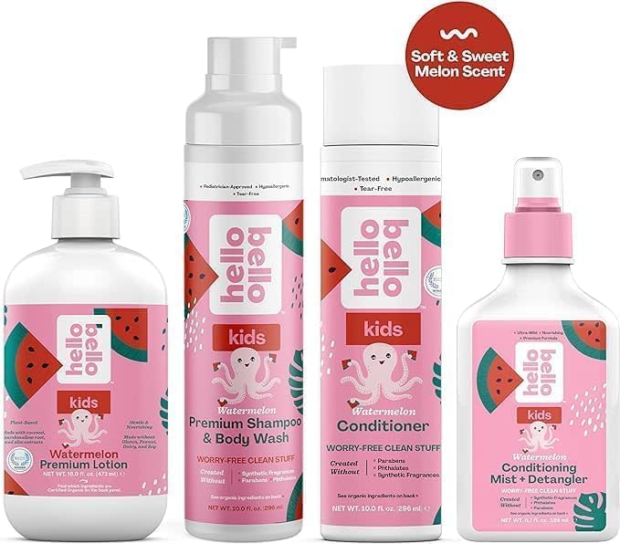 Hello Bello Creamy Coconut Shampoo and Body Wash 10 fl oz, Conditioner 10 Fl Oz, Watermelon Conditioning Mist and Detangler, Gentle, Hypoallergenic, Dermatologist-Tested, Vegan