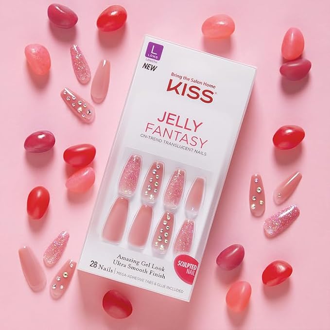 KISS Jelly Fantasy On-Trend Translucent Nails, Long Sculpted Glue-On Fake Nails Kit, Style “Be Jelly”, with Pink Gel Nail Glue, Mini Nail File, Manicure Stick, & 28 Glue On Nails