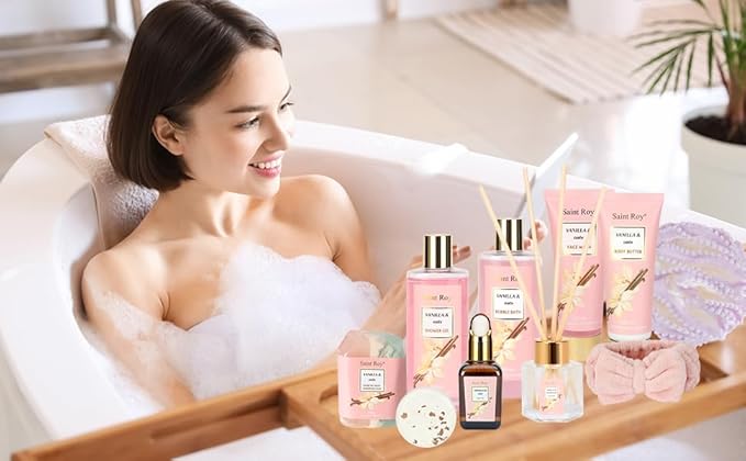 Bath and Body Gift Baskets for Women, 12 Pcs Vanilla Oat Spa Gifts for Women. Bath Gift Set Enriched Shea Butter. Home Spa with Shower Gel, Body Oil, Saint Roy Gifts for Mom