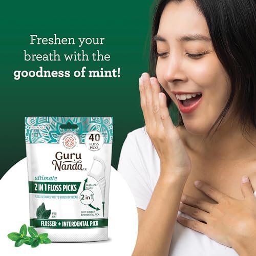 GuruNanda 2 in 1 Dental Floss Picks - Non-Slip Grip Handle, Slide Easy, No Break or Shred Flosser - Complete Oral Care with Interdental Pick for Healthy Teeth & Gums - Mint Flavor, 40 Count (4 Pack)