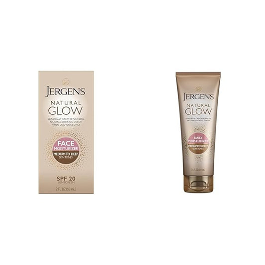 Jergens Natural Glow Self Tanner Face Moisturizer, SPF 20 Facial Sunscreen & Natural Glow Self Tanner Lotion, Daily Sunless Fake Tanning, Medium to Deep Skin Tone