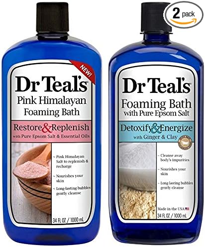 Dr Teal's Foaming Bath Variety Gift Set (2 Pack, 34oz Ea.) - Restore & Replenish Pink Himalayan, Detoxify & Energize Ginger & Clay - Essential Oils with Epsom Salt Eases Aches & Pains, Relieves Stress
