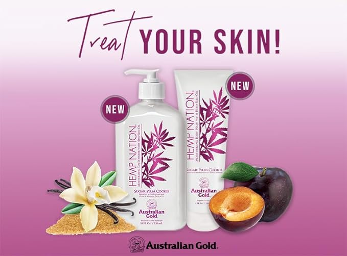 Australian Gold Hemp Nation Sugar Plum Cookie Bundle - Tan Extender Body Lotion (18 FL Oz) and Body Wash (8 FL Oz), Delectable Blend of Sugarcane, Plum, and Vanilla, Pure Hemp Seed Oil