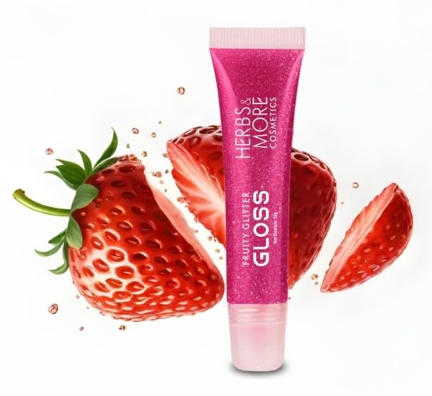 Herbs & More Cosmetics Fruity Lip Gloss Glitter – High Shine, Long-Lasting Moisture, Lightweight Non-Sticky Formula for Sparkling Lips - 10ml (Strawberry, 10ML)
