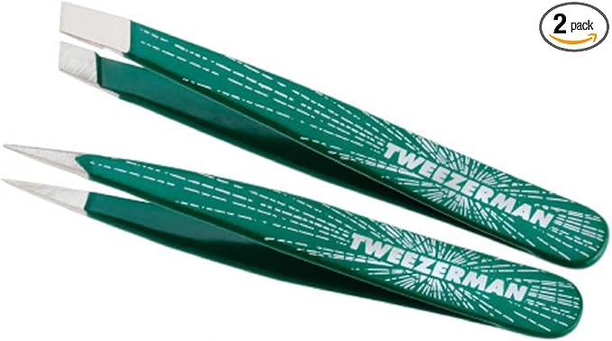 Tweezerman Emerald Shimmer Micro Mini Slant & Point Tweezer Set - Eyebrow Tweezers for Women and Men