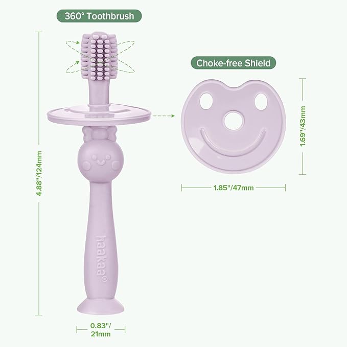 haakaa 360° Baby Toothbrush with Suction Base - Gentle Cleaning for Infant Self-Brushing Training, Sorft Food-Grade Silicone, Baby Teething Relief - Lavender, 1 Count