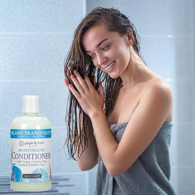 Ginger Lily Farms Botanicals Moisturizing Conditioner for Dry Hair, Island Tranquility, 100% Vegan & Cruelty-Free, Green Tea Lemongrass Scent, 12 Fl Oz