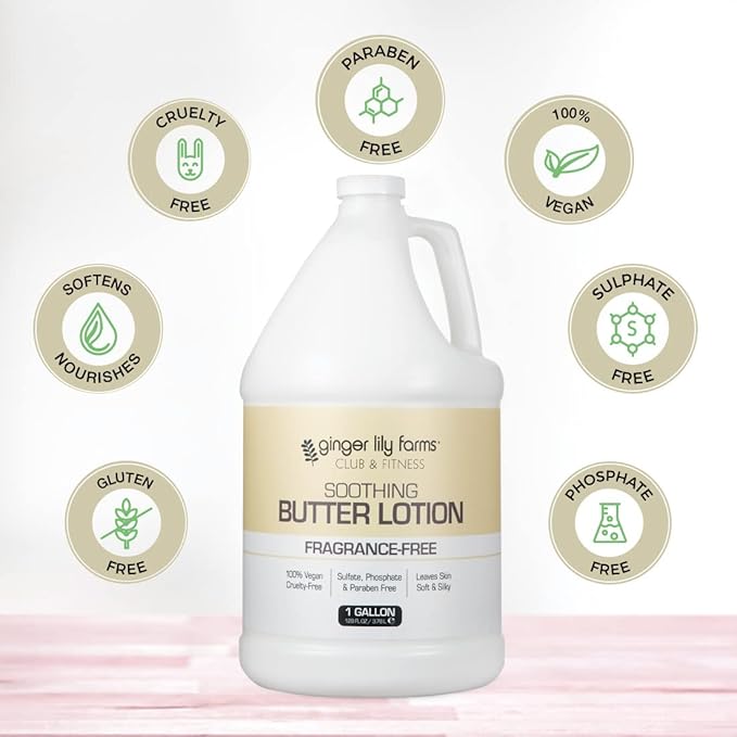 Ginger Lily Farms Club & Fitness Soothing Butter Lotion for Dry Skin, 100% Vegan & Cruelty-Free, Fragrance Free, 1 Gallon (128 fl oz) Refill
