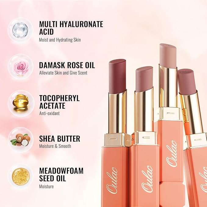 Oulac Nude Lipsticks for Women, Pink Matte Lip Stick, Full Coverage Lip Color, Satin Matte Finish, Cream Texture, Hydrating, Infused with Hyaluronic Acid, Vegan & Clean Beauty 4g SG03 Be Seductive