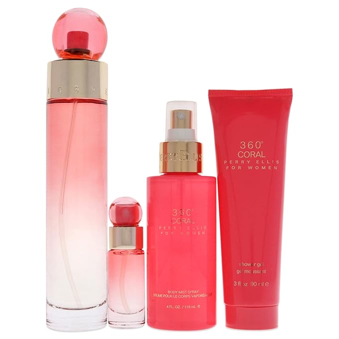 Perry Ellis 360 Coral 3.4oz EDP Spray, 4oz Body Mist, 3oz Shower Gel, 0.25oz EDP Spray Women 4 Pc Gift Set