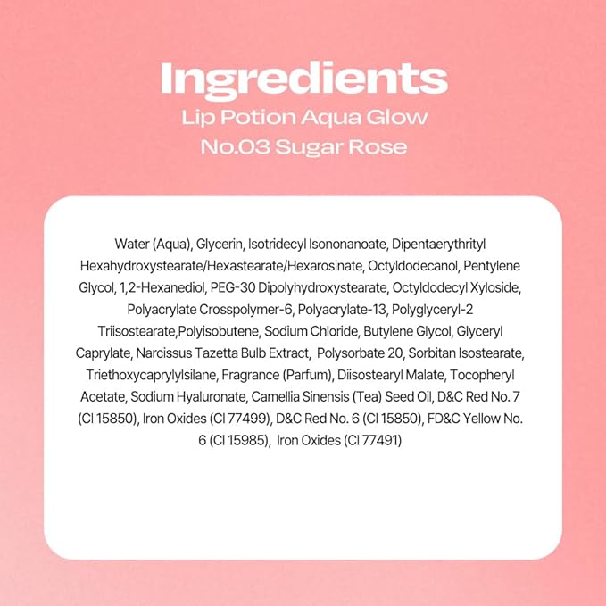 Lip Potion Aqua Glow No.3 Sugar Rose | Hydrating, Non-Sticky Gloss with Sheer Radiance | 0.3 Oz