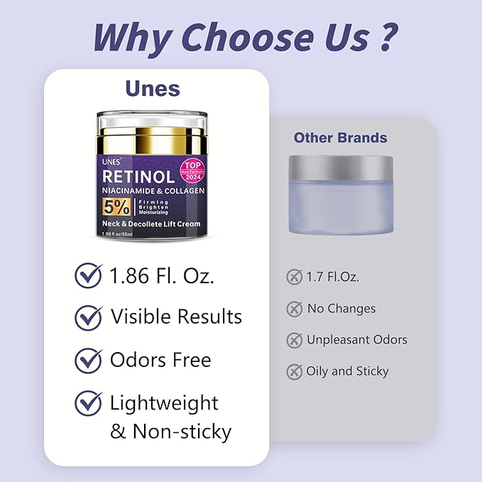 Unes Neck Firming Cream for Women & Men, Day & Night Face Moisturizer Cream for Hydration and Anti-Aging, Deep Tighten and Lift Neck with Retinol & Collagen(1.86 oz)
