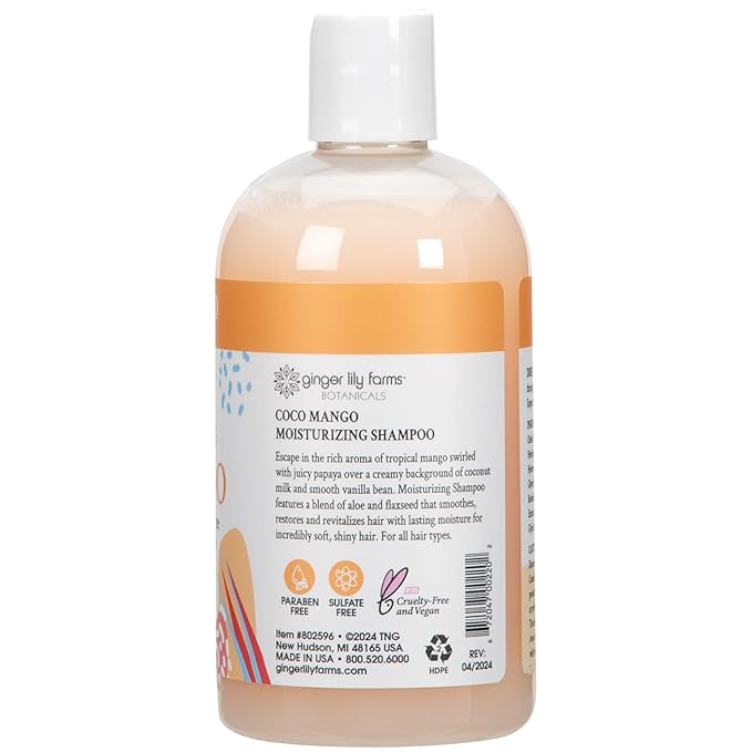 Ginger Lily Farms Botanicals Moisturizing Shampoo for All Hair Types, Coco Mango, 100% Vegan & Cruelty-Free, Coconut Mango Scent, 12 Fl Oz