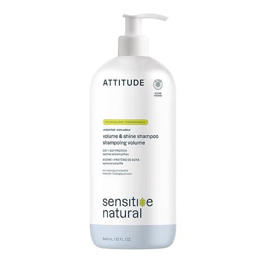 ATTITUDE Hair Shampoo for Sensitive Dry Scalp, EWG Verified, Soothing Oat, For Thin Hair, Naturally Derived Ingredients, Vegan and Plant-Based, Volume and Shine, Unscented, 32 Fl Oz