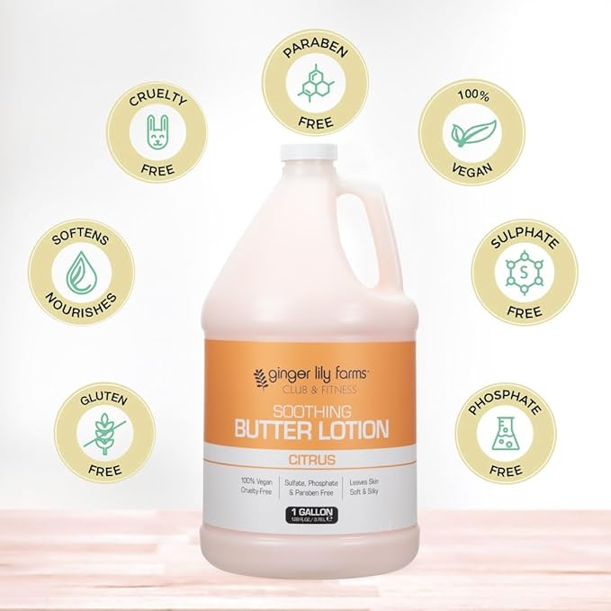 Ginger Lily Farms Club & Fitness Soothing Butter Lotion for Dry Skin, 100% Vegan & Cruelty-Free, Citrus Scent, 1 Gallon (128 fl oz) Refill