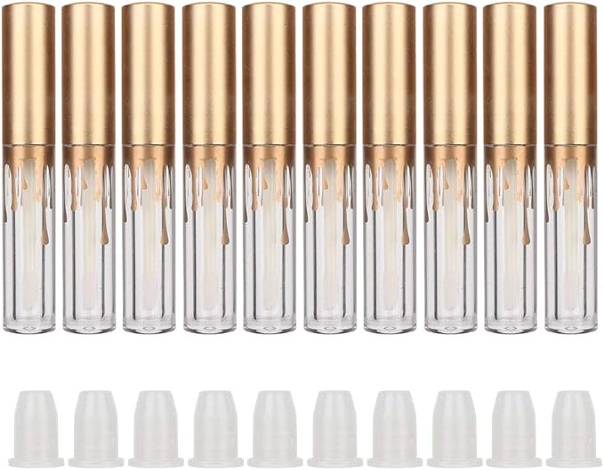 10 pcs Empty Lip Gloss Tubes, Transparent and Glod Plastic Lip Gloss Tube Containers DIY Lipstick Balm Travel Makeup Transparent Bottle With Matte Gold Cap Lip Gloss Bottles