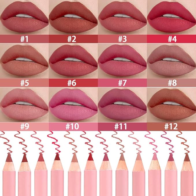 12 Pcs Natural Nude Brown Beige Colors Lip Liner Lipstick Pencils Set for Daily Makeup,Easy to Apply & Remove,Waterproof