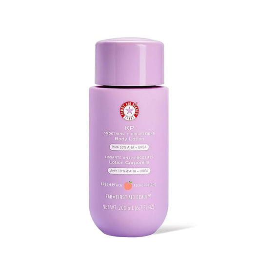 First Aid Beauty - KP Smoothing + Brightening Body Lotion with 10% AHA, Lactic Acid, Urea + Colloidal Oatmeal, Exfoliate + Moisturize, Banish Keratosis Pilaris Bumps, NEW Peach Scent (6. 7 fl oz)
