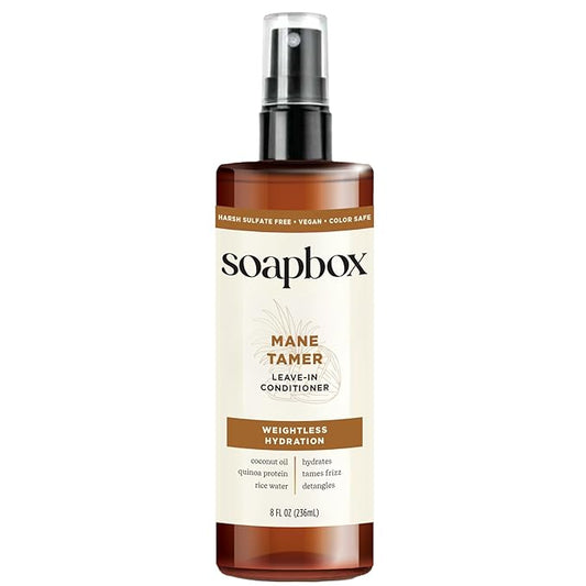 Soapbox Mane Tamer, Leave-In Conditioner Spray to Tame Frizz, Smooth Fly Aways, Hydrate, Add Shine & Detangle Dry, Damaged Hair, Paraben Free, Vegan (8oz)
