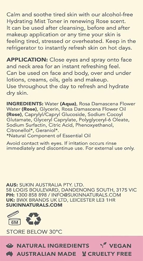 Sukin Rose Hydration Mist Toner, 4.23 Fl Oz