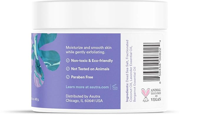 ASUTRA Dead Sea Salt Essential Oil Body Scrub Exfoliator (Soothing Lavender), 16 oz - Ultra Hydrating, Gentle, & Moisturizing - Coconut, Lavender, and Bergamot Oils