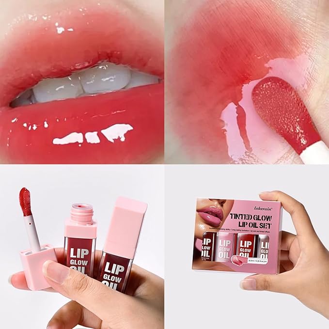 Glow Lip Oil Set, 4 Colors Tinted Glow Lip Oil Set, Hydrating Transparent Moisturizing Plumping Non-Sticky Big Brush Head Lip Gloss