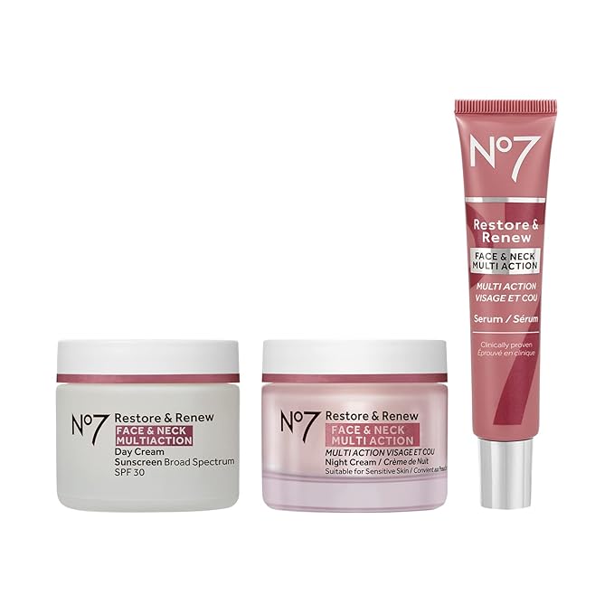 No7 Restore & Renew Face & Neck Multi Action Skincare System - SPF 30 Day Cream with Vitamin C & Collagen Peptides + anti-Aging Facial Serum + Hyaluronic Acid Hydrating Night Cream (3 Piece Kit)