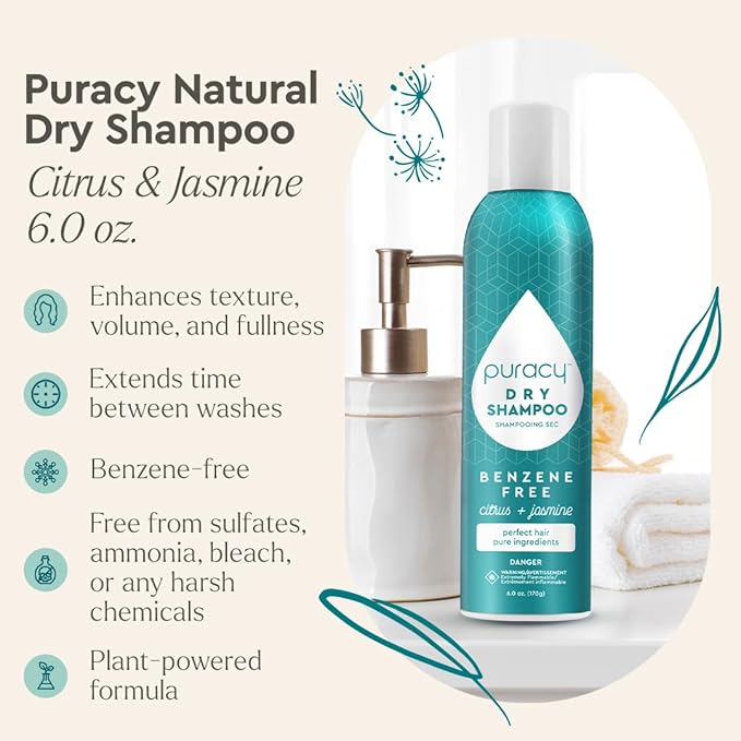 Puracy Natural Dry Shampoo For Women - Plant-Powered Cleansing Volumizing Revitalizing Dry Shampoo As Seen on TikTok, Benzene-Free, Non-Toxic, Oil Absorbing for All Hair Types (Citrus & Jasmine, 6 oz)