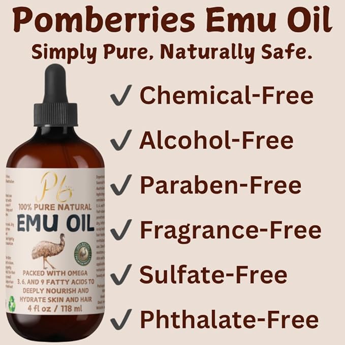 Emu Oil, 100% Pure Australian Emu Oil – Refined & Unscented – Natural Moisturizer for Hair, Skin, Face & Body – Helps with Scars, Dry Skin & Massage – 4 fl oz Glass Bottle