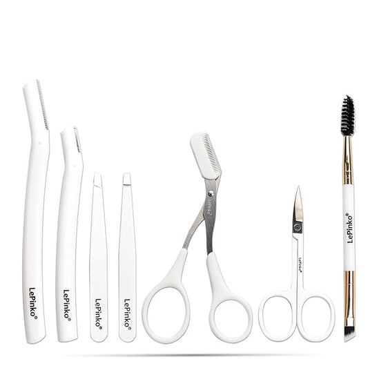 Eyebrow Trimmer Kit, 7 in 1 Eyebrow Scissors, Tweezer, Razor, Gromming Scissors Brush for Women Men, Gifts for Stocking Stuffers - White