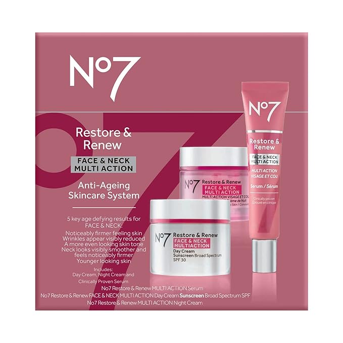 No7 Restore & Renew Face & Neck Multi Action Skincare System - SPF 30 Day Cream with Vitamin C & Collagen Peptides + anti-Aging Facial Serum + Hyaluronic Acid Hydrating Night Cream (3 Piece Kit)