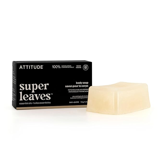ATTITUDE Body Soap Bar, Natural Origin, Protects and Softens Dry Skin, Coconut & Olive Oils, For Men and Women, EWG verified & Vegan, Patchouli & Black Pepper, 4 Oz