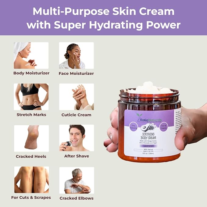 RaGaNaturals Natural Face and Body Butter Cream for Dry Skin - Calming, Nourishing & Hydrating Lavender Body Cream for Women, Men & Kids - Softens Skin and Delivers Healthy-Looking Glow - Vegan - 8 Oz