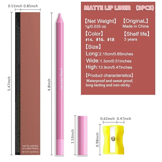 evpct 3Pcs Violet Rose Nude Pink Matte Long Lasting Wear Lip Liner Pencils Makeup Set for Shaping & Sculpting Lips, No Transfer Waterproof Pigmented Lip Liner Crayon lipliners Lipstick Pencil 14+16+18