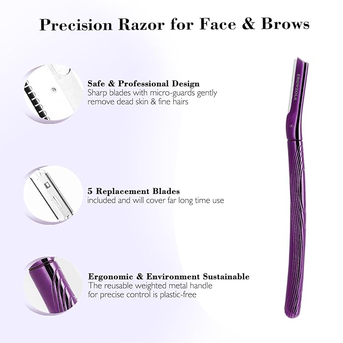 Dermaplane Razor for Women and Men, Eyebrow Razor with Precision Cover, Peach Fuzz Dermaplaning Tool, Exfoliating Facial Razor Reusable Metal Handle with 6 Blades - Purple