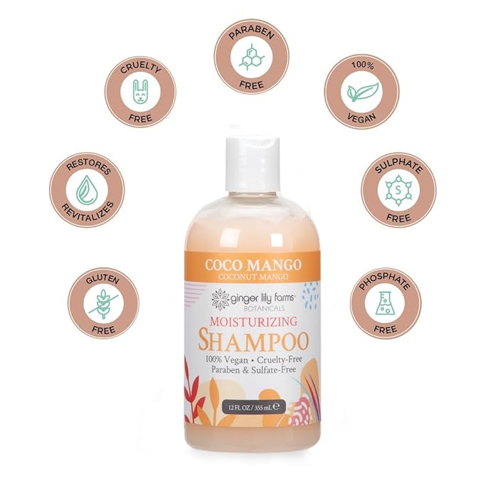 Ginger Lily Farms Botanicals Moisturizing Shampoo for All Hair Types, Coco Mango, 100% Vegan & Cruelty-Free, Coconut Mango Scent, 12 Fl Oz