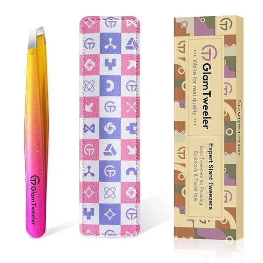 Expert Eyebrow Hair Removal Tweezer with Leather Case, GlamTweeler High Precision Slant Tip Stainless Steel Tweezers for Men and Women (Sparkle Fuchsia & Yellow)