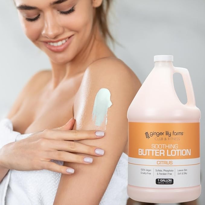 Ginger Lily Farms Club & Fitness Soothing Butter Lotion for Dry Skin, 100% Vegan & Cruelty-Free, Citrus Scent, 1 Gallon (128 fl oz) Refill