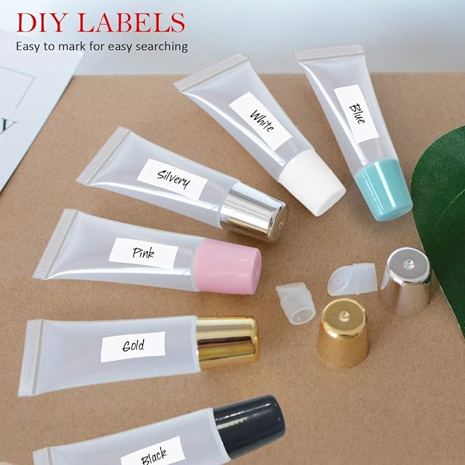 AMORIX 50PCS Lip Gloss Tubes 5ml Silver Cap Lip Gloss Containers Empty Lip Balm Tubes Refillable Cosmetic Squeeze Lipgloss Tubes + 2 x 20ml Syringes Tag Labels for DIY Lip Gloss Base Glitter
