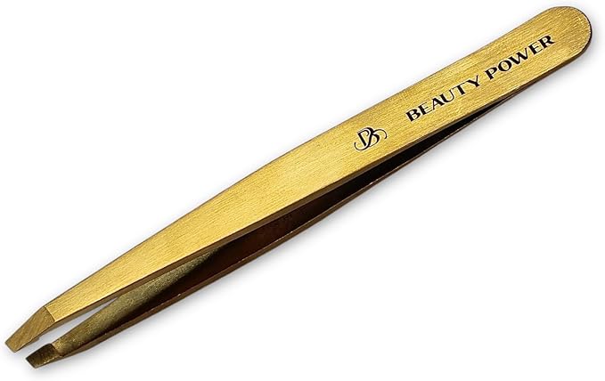 Professional Tweezers - Slant, Durable Lightweight German Stainless Steel, Ultra Precision Tweezers for Eyebrows, Facial Hair, Chin, and Ingrown Hair Removal - Gift (Matte Gold)