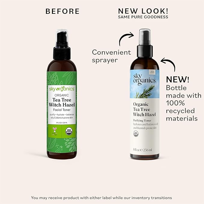 Sky Organics Organic Tea Tree & Witch Hazel for Face, Purifying Facial Toner to Hydrate, Soothe, Cleanse and Balance Blemish-Prone Skin, Helps Minimize the Appearance of Pores, 8 fl oz