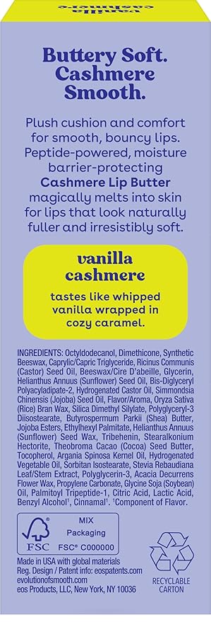 eos Cashmere Lip Butter, Vanilla Cashmere, Plumping Peptides For Smooth Lips, 0.35 fl oz