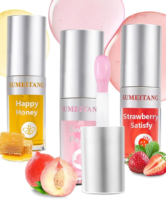 3Pcs Hydrating Lip Oil Set,Non-sticky Lip Oils Gloss Lip Balm Lip Care,Deeply Nourishing and Repairing Prevents Lips Chapped and Lighten Lip Lines(Honey,Peach,Strawberry)