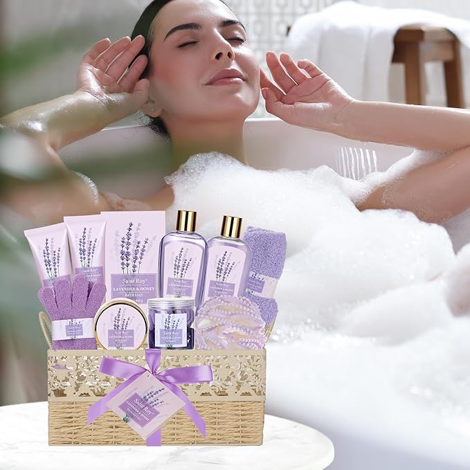 Luxury Bath & Body Set For Women LAVENDER & HONEY Large Spa Basket 13Pcs Luxurious Bath Spa Kit for women, Mother Day Gifts Perfect Spa Kit Bath Gift Set Spa Day Gifts Birthday Gift Baskets for Women