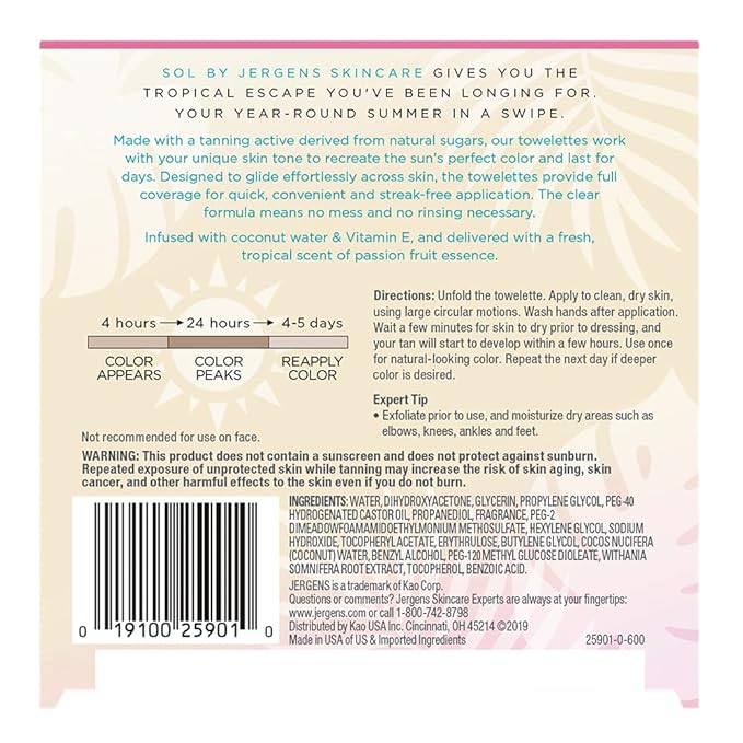 SOL by Jergens Full Body Self Tanner Towelettes, Streak-free Natural-Looking Sunless Tanning Wipes, 6 Count, Infused with Coconut Water and Vitamin E, Sun-inspired Color in 4 Hours